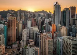 Zachód słońca, Drapacze chmur, Hongkong, Chiny