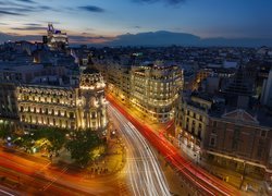 Budynek Metropolis, Biurowiec, Ulica, Światła, Domy, Madryt, Hiszpania