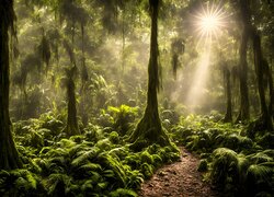 Las, Drzewa, Paprocie, Ścieżka, Paprocie, Roślinny, Promienie słońca