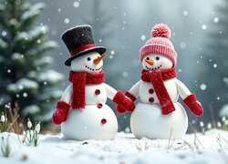 Para bałwanków trzymająca się za ręce na tle lasu