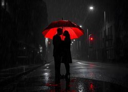 Mężczyzna, Kobieta, Para, Deszcz, Parasol, Czerwony, Ulica, Domy, AI, Czerwony Parasol, Światła Uliczne, Noc, , Miasto nocą
