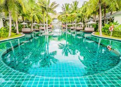 Parasole pod palmami przy hotelowym basenie w tropikach