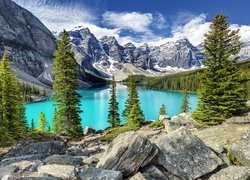 Kanada, Alberta, Park Narodowy Banff, Jezioro Moraine, Las, Drzewa, Kamienie, Chmury, Góry