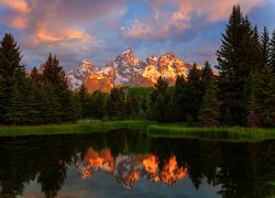 Stany Zjednoczone, Stan Wyoming, Park Narodowy Grand Teton, Rzeka Snake River, Góry Teton Range, Odbicie, Drzewa, Zachód słońca