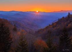 Stany Zjednoczone, Stan Karolina Północna, Park Narodowy Great Smoky Mountains, Góry, Great Smoky Mountains, Wschód słońca, Las