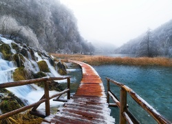 Chorwacja, Plitvice, Jezioro, Wodospad, Kładka, Zima