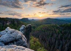 Niemcy, Park Narodowy Saskiej Szwajcarii, Góry Połabskie, Drzewa, Skały, Wschód słońca, Chmury