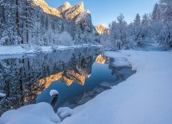 Stany Zjednoczone, Kalifornia, Park Narodowy Yosemite, Góry, Rzeka, Merced River, Zima, Drzewa