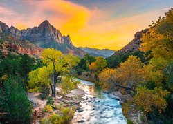 Stany Zjednoczone, Stan Utah, Park Narodowy Zion, Góry Watchman, Rzeka Virgin River, Kamienie, Drzewa, Wschód słońca