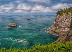Wybrzeże, Morze, Skały, Roślinność, Park Stanowy Cape Meares, Przylądek Meares, Oregon, Stany Zjednoczone