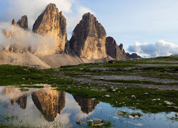 Włochy, Góry, Tre Cime di Lavaredo, Trzy szczyty, Woda, Odbicie