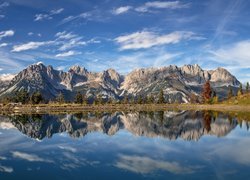 Góry, Kaisergebirge, Jezioro, Hintersteinersee, Drzewa, Odbicie, Tyrol, Austria