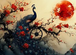Fantasy, Paw, Kwitnące, Drzewo, Czerwone, Kwiaty, Czerwone, Słońce