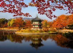 Pawilon Hyangwonjeong nad jeziorem w jesiennym parku w Seulu