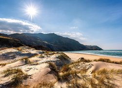 Morze, Wybrzeże, Promienie słońca, Wydmy, Plaża, Maghera Ardara Co Donegal, Hrabstwo Donegal, Irlandia