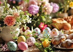 Wielkanoc, Stół, Śniadanie, Kwiaty, Bukiet, Pisanki, Pieczywo, Grafika