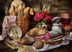 Pieczywo, Chleb, Kłosy, Kiełbasa, Wino, Koszyk, Kieliszek, Deska, Nóż, Róże