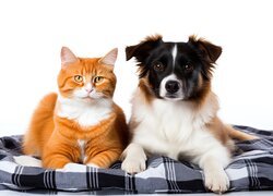Pies i rudy kot na kocu w biało-czarną kratkę