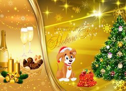 Pies przed workiem z prezentami obok choinki i życzeń noworocznych