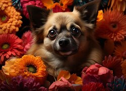 Pies wśród kolorowych kwiatów