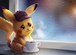 Film animowany, Pokemon Detektyw Pikachu, Pokemon, Kawa, Filiżanka, Okno, Deszcz