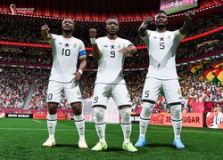 Piłkarze w białych strojach na boisku z gry FIFA 23