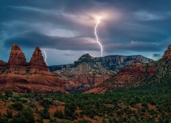 Stany Zjednoczone, Arizona, Sedona, Skały, Krzewy, Burza, Piorun