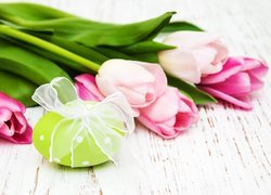 Wielkanoc, Różowe, Tulipany, Pisanka, Kokarda, Deski
