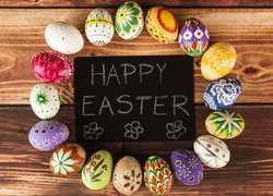Wielkanoc, Pisanki, Kolorowe, Tabliczka, Napis, Happy Easter, Deski