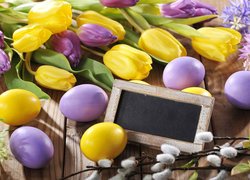 Wielkanoc, Tulipany, Kolorowe, Pisanki, Tabliczka, Bazie
