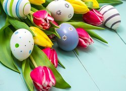 Wielkanoc, Kolorowe, Pisanki, Tulipany, Kwiaty