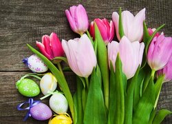 Różowe, Tulipany, Pisanki, Deski, Wielkanoc