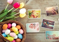 Wielkanoc, Zdjęcia, Sztuczne, Tulipany, Pisanki, Gniazdo, Kompozycja, Deski