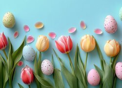 Wielkanoc, Pisanki, Tulipany, Płatki, Tło