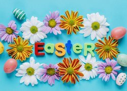 Wielkanoc, Napis, Easter, Kwiatki, Pisanki