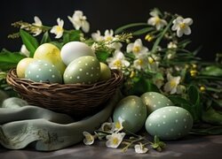 Wielkanoc, Pisanki, Koszyk, Kwiaty, Materiał, Stół