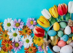Wielkanoc, Kolorowe, Kwiaty, Tulipany, Pisanki