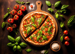 Pizza na desce obok bazylii i pomidorów