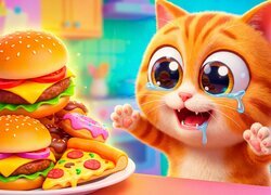 Kot, Jedzenie, Hamburgery, Pizza, Donaty, Pączki, Talerz, Kreskówka, Kolorowy