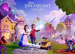 Gra, Disney Dreamlight Valley, Postacie, Lew, Śnieżka, Mickey, Domy, Zamek, Plakat