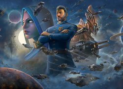 Sins of a Solar Empire 2, Postacie, Kobieta, Kaptur, Mężczyzna, Mundur, Robot, Kosmos, Statki kosmiczne, Plakat