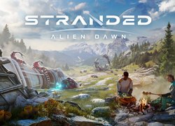 Gra, Stranded Alien Dawn, Wrak, Ludzie, Ognisko, Góry, Plakat