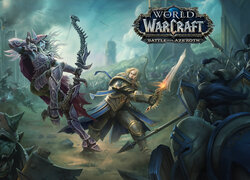 Gra, World of Warcraft Battle for Azeroth, Postacie, Sylvanas Windrunner, Anduin Wrynn, Rycerze, Łuk, Miecz, Walka, Plakat