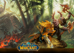 Gra, World of Warcraft, Postacie, Rycerze, Orki, Las, Ruiny, Ogień, Walka, Plakat