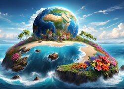 Grafika, Planeta, Ziemia, Morze, Wyspa, Kwiaty, Palmy