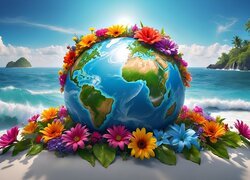 Planeta Ziemia wśród kwiatów na plaży nad morzem w grafice