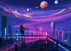 Planety i kobieta na tle oświetlonego nocą miasta w grafice