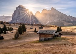 Włochy, Południowy Tyrol, Góry, Dolomity, Seiser Alm, Jesień, Dom, Drzewa, Promienie słońca