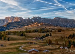 Góry, Dolomity, Drogi, Domy, Drzewa, Płaskowyż Seiser Alm, Włochy