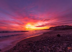 Morze, Plaża, El Capitan State Beach, Kamienie, Molo, Zachód słońca, Santa Barbara, Stan Kalifornia, Stany Zjednoczone